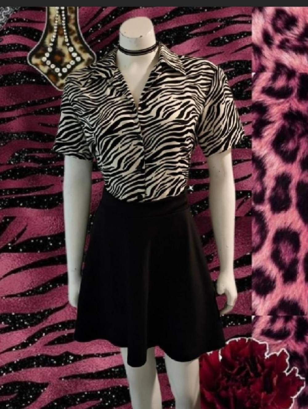 vintage 90s Y2K Notations women's small black and cream colored Animal Print Top